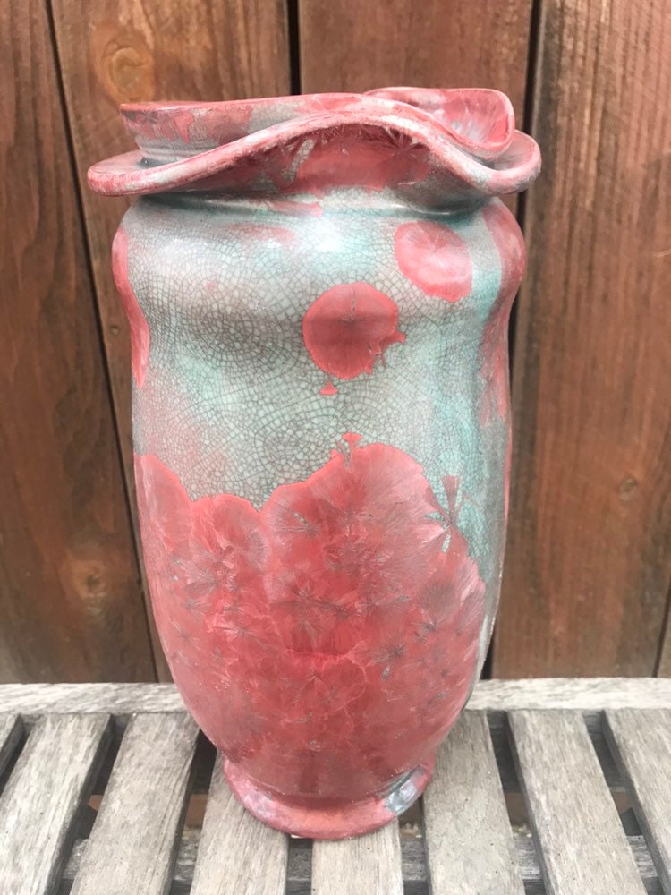 Crystalline Pottery Vase Handmade Red Crystals