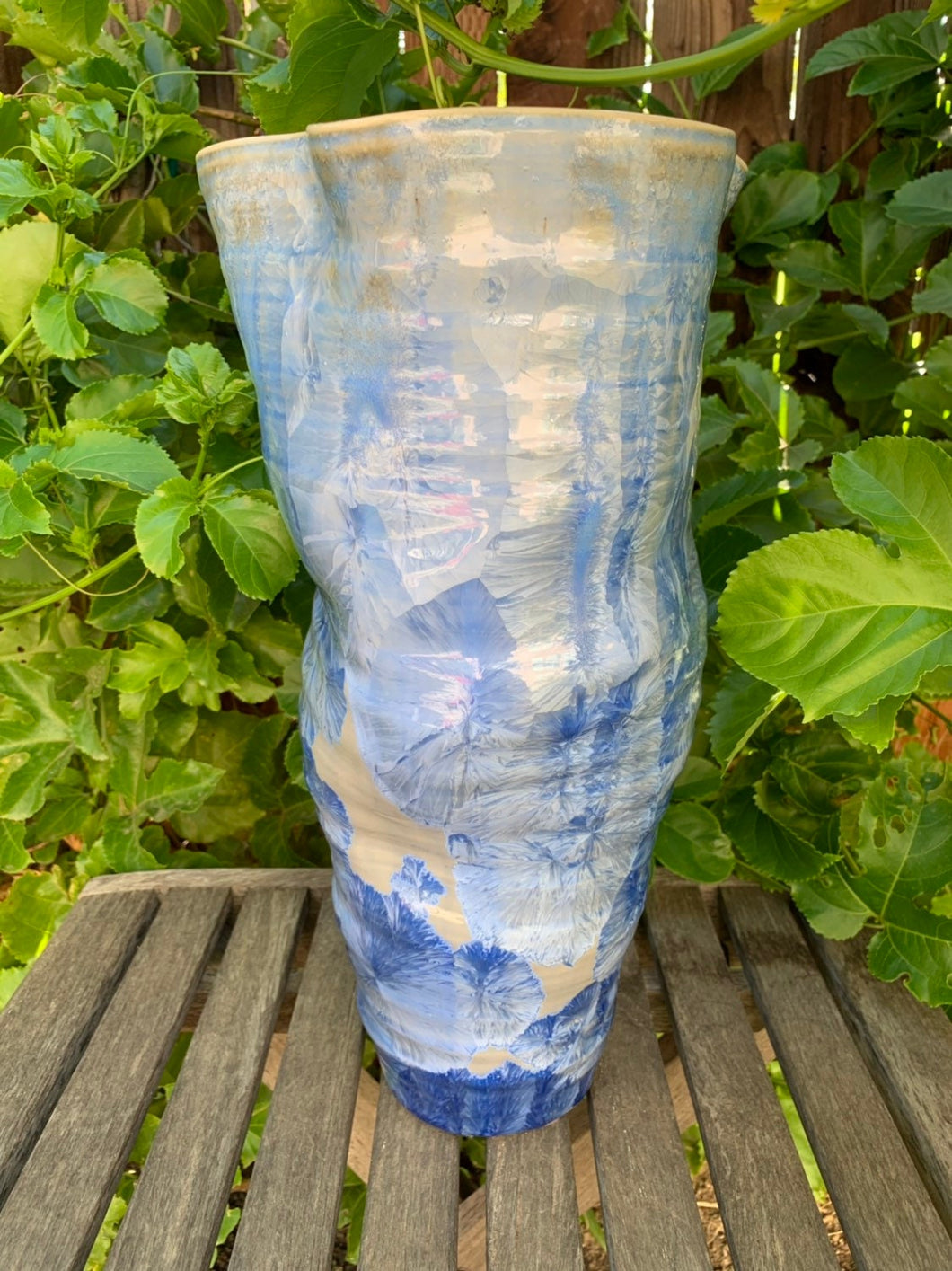 Crystalline Pottery Vase Handmade Blue and Gray Tornado Vase